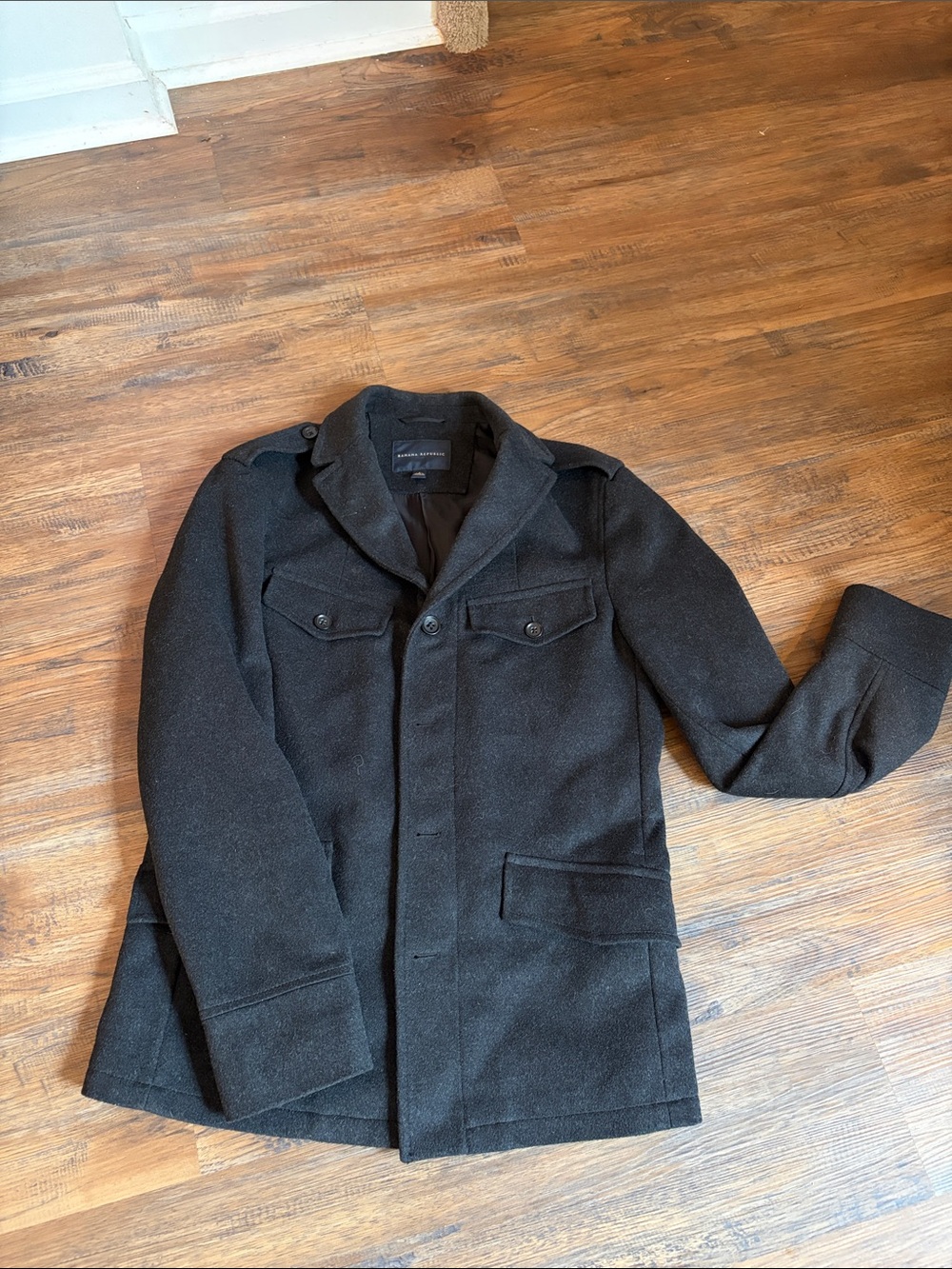 Men's Black Wool Blend Military-Style Coat
